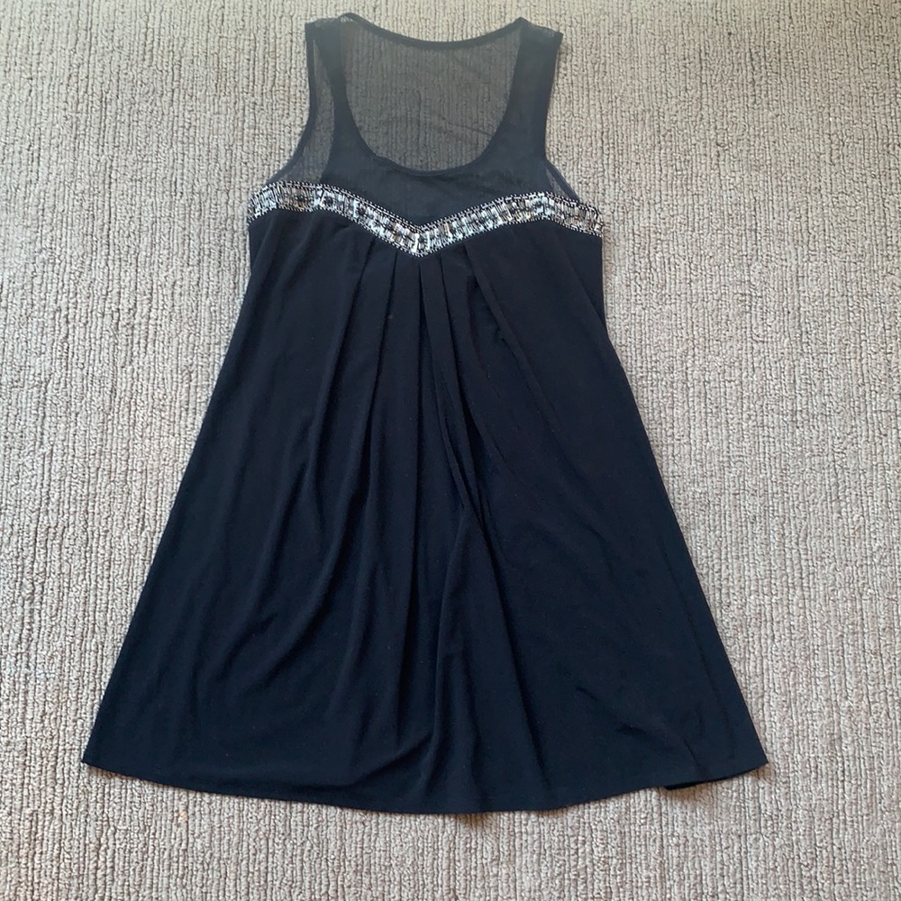 Black Cocktail Dress w Beading and Mesh Neckline